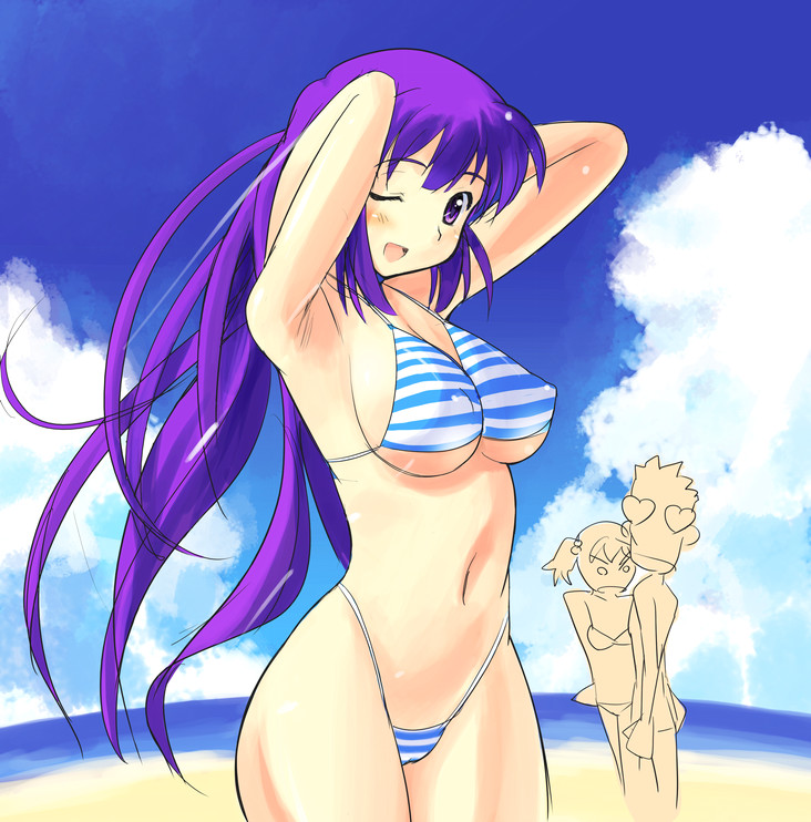 sikorsky, striped, 1boy, 2girls, armpits, arms behind back, arms up, beach, bikini, breasts, cloud, covered erect nipples, day, highleg, highleg bikini, large breasts, long hair, looking at viewer, multiple girls, one eye closed, open mouth, outdoors, purple eyes, purple hair, smile, swimsuit, underboob, very long hair, wink
