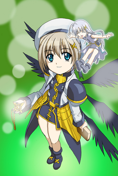 g-tetsu, reinforce zwei, schwertkreuz, tome of the night sky, yagami hayate, lyrical nanoha, mahou shoujo lyrical nanoha, mahou shoujo lyrical nanoha a's, mahou shoujo lyrical nanoha strikers, 00s, 2girls, ^ ^, ankle boots, beret, black wings, blonde hair, blue eyes, book, boots, closed eyes, coat, dress, floating, foreshortening, hair ornament, hairclip, hat, holding, holding book, long hair, looking at another, medallion, mini person, minigirl, multiple girls, multiple wings, outstretched arms, overcoat, short dress, short hair, smile, spread arms, unison (nanoha), very long hair, waist cape, white hair, wings, x hair ornament