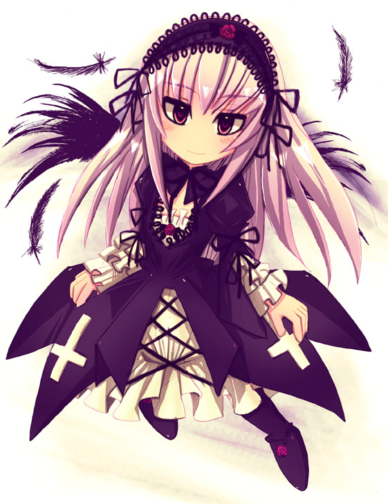 suigintou, rozen maiden, silver hair, artist request, 00s, 1girl, blush, cross, dress, feathers, female focus, flower, frilled sleeves, frills, full body, inverted cross, long sleeves, purple dress, red eyes, rose, simple background, solo, wavy mouth
