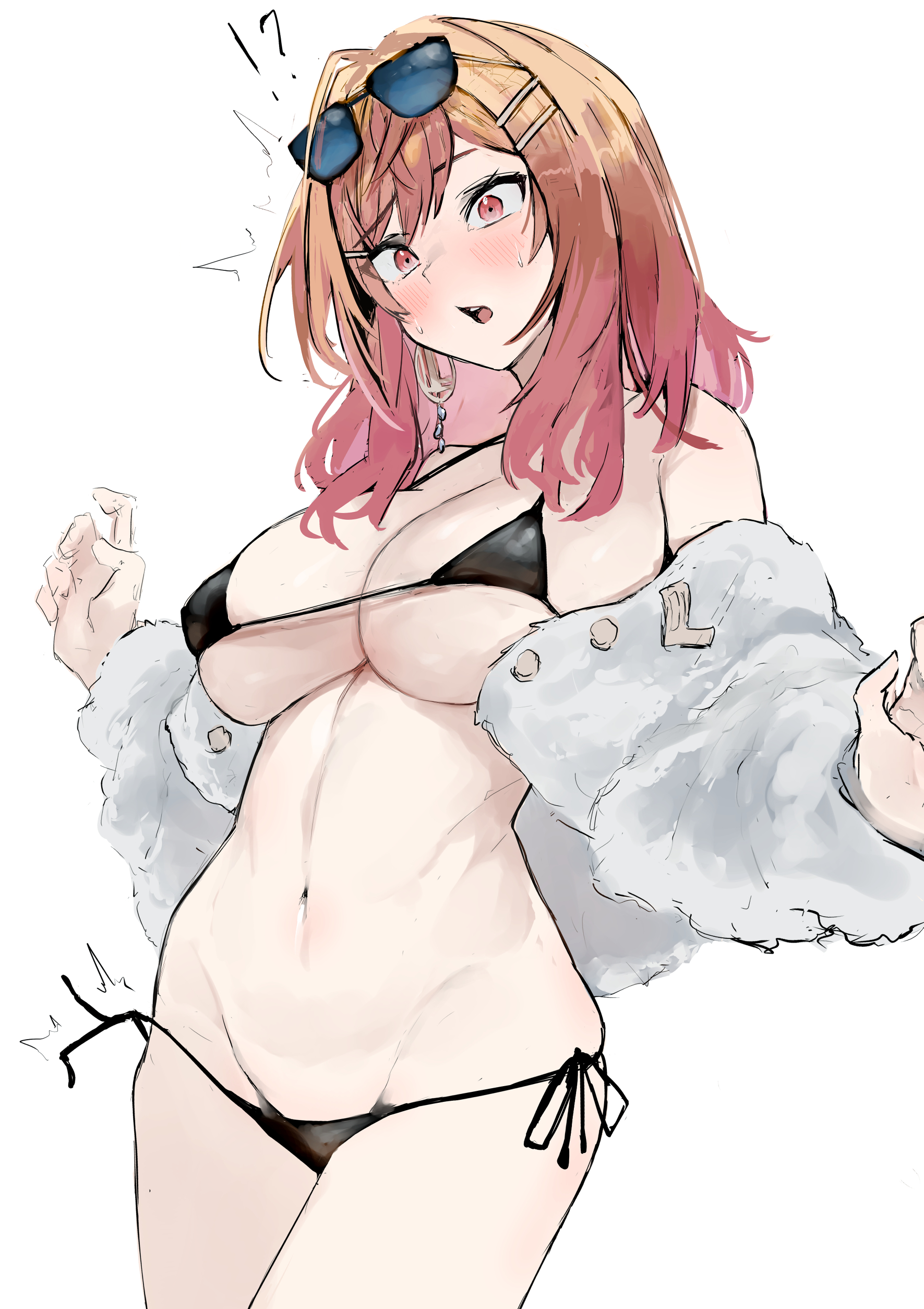 alexi oekaki, ichijou ririka, hololive, hololive dev is, absurdres, highres, 1girl, bikini, black bikini, blue-tinted eyewear, blush, breasts, collarbone, eyewear on head, fur jacket, hair ornament, hands up, jacket, large breasts, medium hair, micro bikini, navel, open clothes, open jacket, open mouth, orange eyes, orange hair, side-tie bikini bottom, simple background, solo, standing, swimsuit, tinted eyewear, virtual youtuber, white background