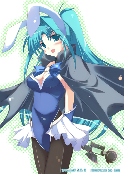 ibuki pon, lindy harlaown, s2u, lyrical nanoha, mahou shoujo lyrical nanoha, mahou shoujo lyrical nanoha a's, duplicate, 00s, 1girl, 2005, animal ears, artist name, blue eyes, blue hair, blush, breasts, cape, cleavage, dated, facial mark, fake animal ears, female focus, forehead mark, gloves, green hair, hair intakes, leotard, long hair, matching hair/eyes, pantyhose, playboy bunny, ponytail, rabbit ears, solo, wand