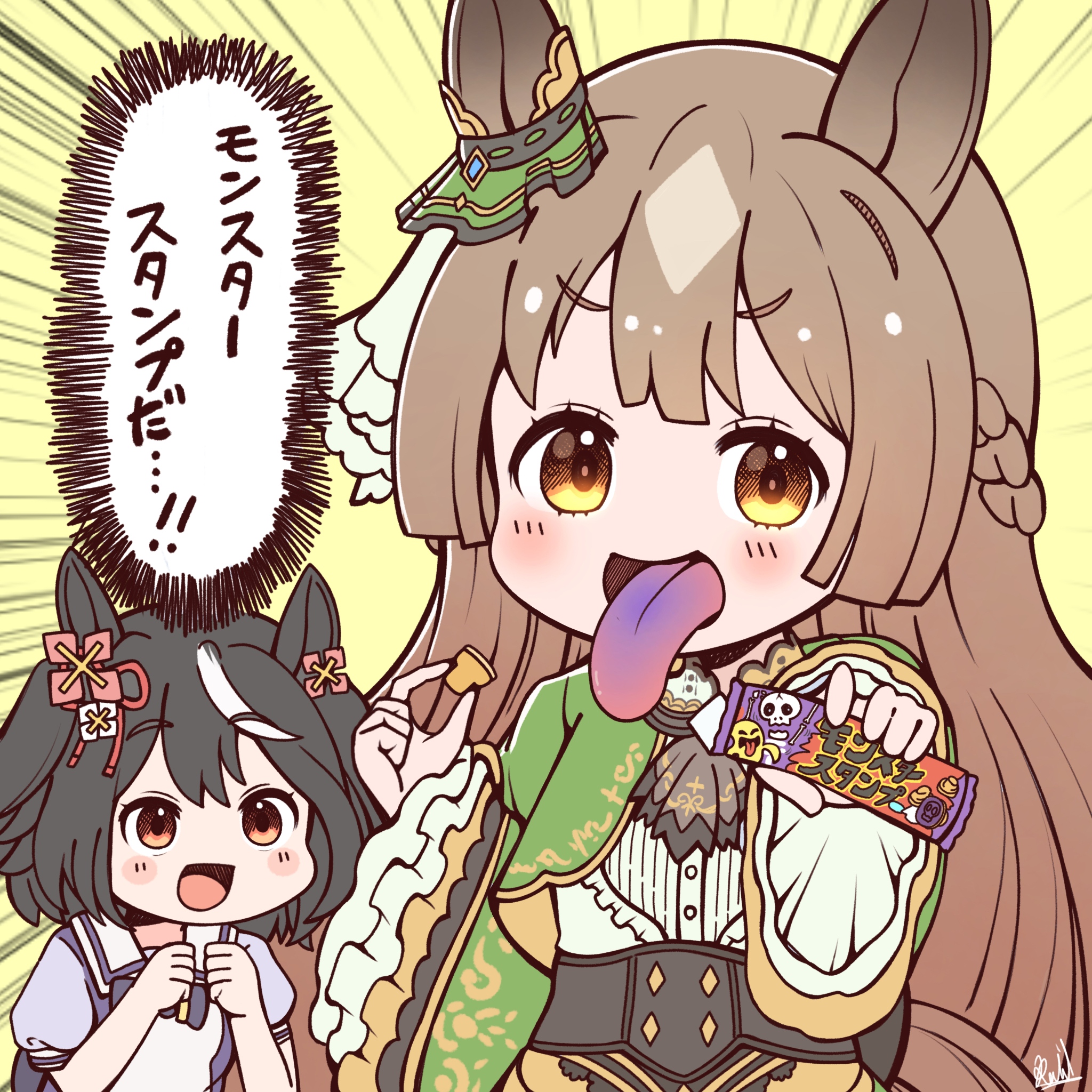 rakugakiraid, kitasan black (umamusume), satono diamond (umamusume), umamusume, commentary request, highres, translation request, 2girls, :d, animal ears, blush, blush stickers, brown hair, colored tongue, ear ornament, emphasis lines, food, green background, hands up, holding, holding food, horse ears, horse girl, long hair, long sleeves, multicolored hair, multiple girls, open mouth, purple shirt, red eyes, school uniform, shirt, short hair, short sleeves, smile, summer uniform, tongue, tongue out, tracen school uniform, two-tone hair, upper body, white hair, white shirt, wide sleeves, yellow eyes