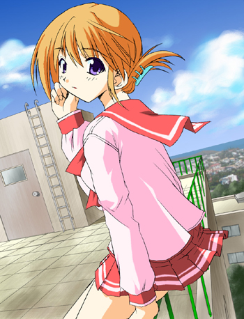 yaminohara, komaki manaka, to heart (series), to heart 2, lowres, 00s, 1girl, female focus, folded ponytail, pleated skirt, rooftop, school uniform, serafuku, skirt, solo