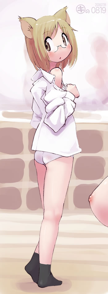 kei jiei, original, animal ears, black socks, bob cut, bottomless, brown eyes, brown hair, cat ears, cat girl, dress shirt, glasses, nipples, no pants, panties, shirt, shirt slip, socks, solo focus, standing, standing on one leg, underwear, white panties