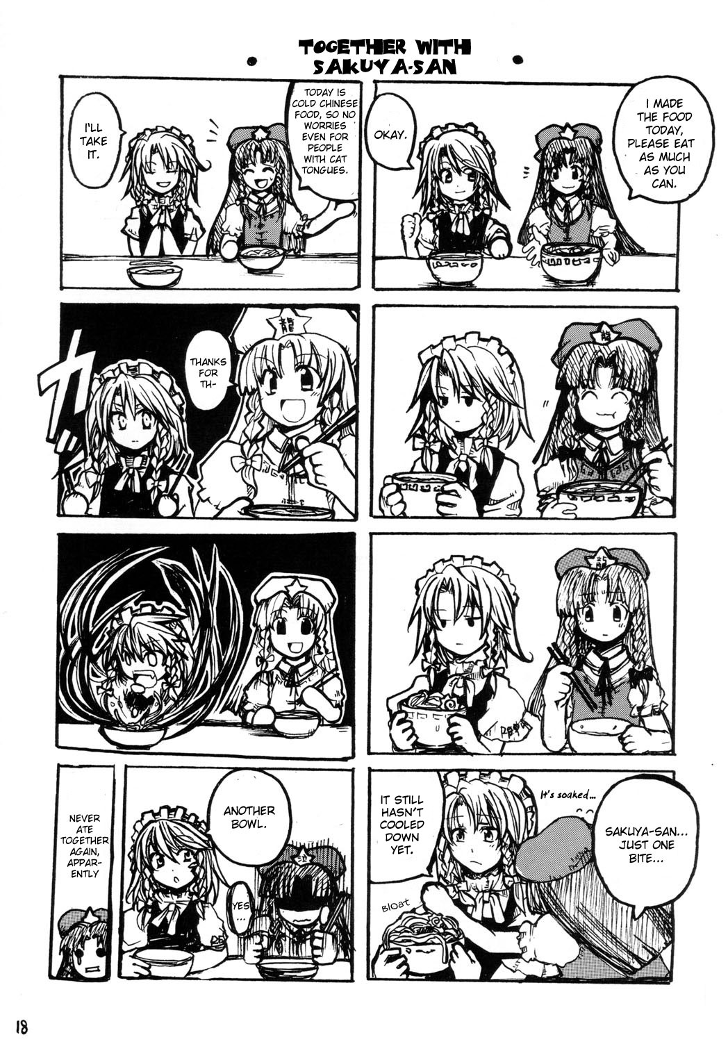 tako (plastic protein), hong meiling, izayoi sakuya, embodiment of scarlet devil, touhou, hard-translated, highres, third-party edit, translated, 2girls, 4koma, ^^^, bow, bowl, braid, china dress, chinese clothes, chopsticks, closed eyes, comic, dress, eating, fang, female focus, food, frown, greyscale, hair bow, hat, long hair, maid, maid headdress, monochrome, moonlight syndrome, multiple 4koma, multiple girls, noodles, praying, ramen, sad, short hair, sitting, smile, star (symbol), surprised, sweatdrop, table, tears, thumbs up, twin braids