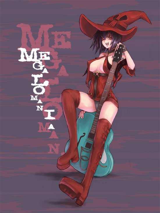 kara (color), i-no, arc system works, guilty gear, 1girl, boots, female focus, guitar, hat, instrument, red boots, red hat, solo, thighhighs