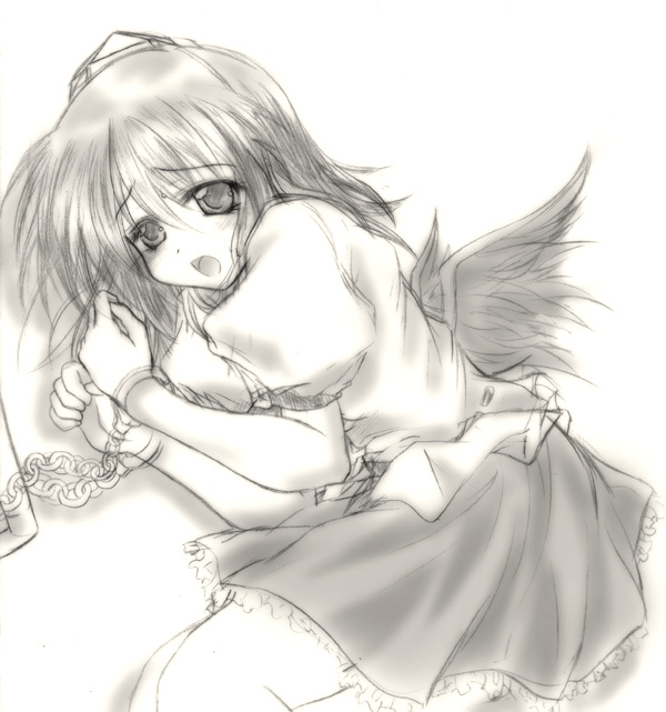 shameimaru aya, touhou, 1girl, bdsm, black hair, black wings, bondage, bound, cuffs, female focus, handcuffs, hat, looking at viewer, monochrome, open mouth, solo, tokin hat, wings