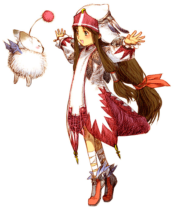 sakamoto mineji, clavat, moogle, white mage (final fantasy), final fantasy, final fantasy crystal chronicles, original, square enix, habit, 1girl, bandages, blush, brown hair, creature, female focus, floating hair, full body, green eyes, hair ribbon, hair tubes, long hair, low-tied long hair, open mouth, outstretched arms, ribbon, robe, shoes, sidelocks, simple background, smile, solo, spread arms, standing, tiptoes, very long hair, white cap clavat