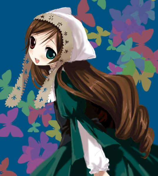 namori, suiseiseki, rozen maiden, 00s, 1girl, blue background, female focus, headscarf, heterochromia, lolita fashion, long hair, long sleeves, simple background, solo, very long hair, white headscarf