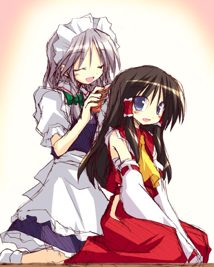 satou kibi, hakurei reimu, izayoi sakuya, touhou, 2girls, alternate hairstyle, ascot, black hair, blue eyes, brushing another's hair, brushing hair, closed eyes, comb, detached sleeves, dress, female focus, grey hair, hair tubes, kneeling, long hair, maid, multiple girls, red dress, seiza, short hair, sitting, smile, white background