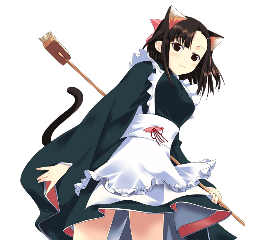 mizuki makoto, sakurazaki setsuna, mahou sensei negima!, 00s, animal ears, asymmetrical bangs, broom, cat ears, cat tail, maid, solo, tail