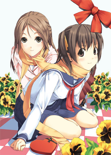 luna (reclaimed land), original, lowres, 2girls, bow, brown eyes, brown hair, checkered floor, flower, heart, long hair, multiple girls, orange scarf, pansy, pleated skirt, scarf, school uniform, serafuku, shared clothes, shared scarf, skirt, twintails, yellow flower, yellow pansy, yuri