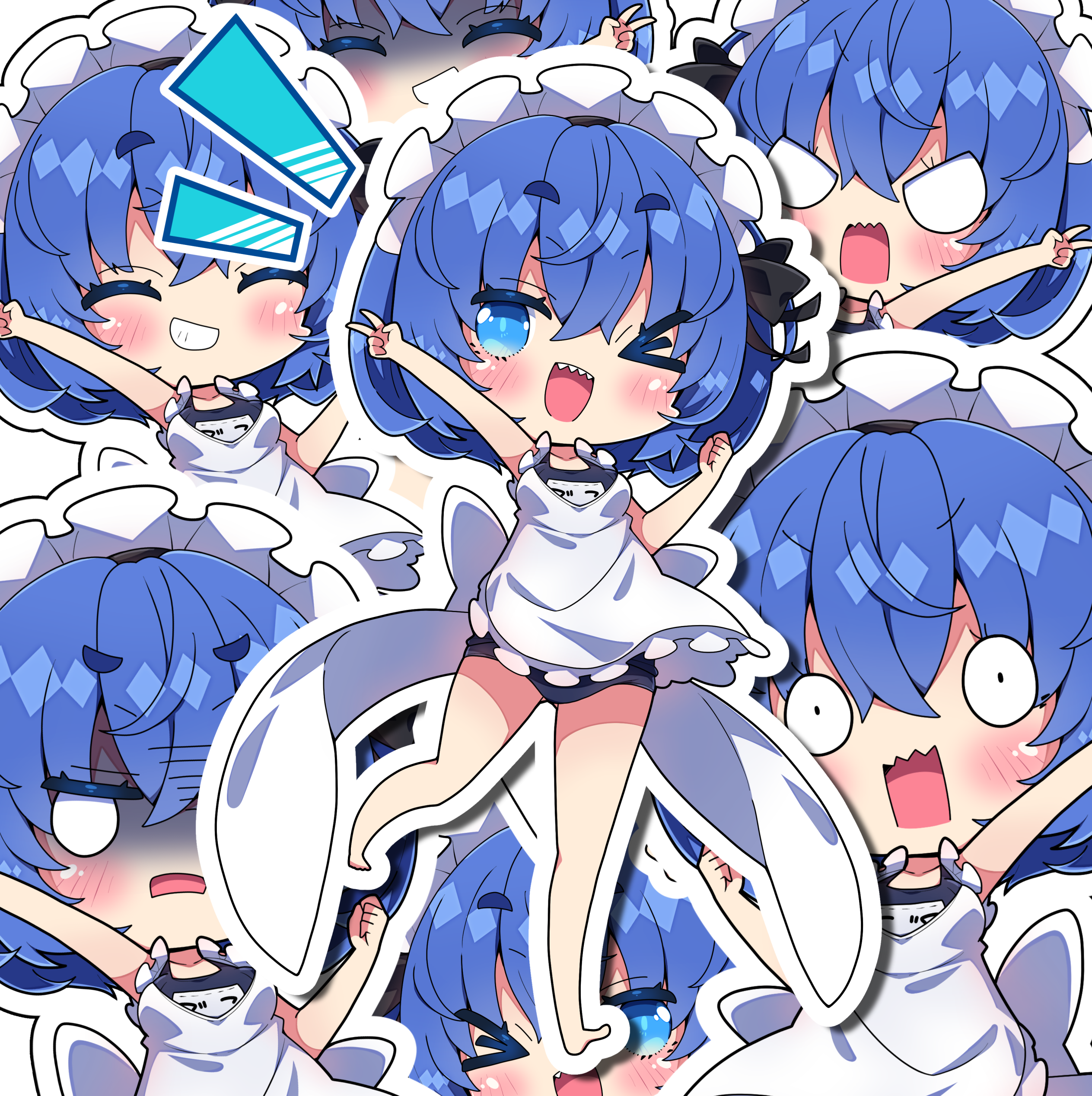 milkpanda, original, absurdres, commentary, highres, > o, 1girl, ;d, ^ ^, apron, barefoot, black ribbon, blank eyes, blue hair, blush, chibi, chibi only, closed eyes, constricted pupils, frilled apron, frills, grin, hair ribbon, looking at viewer, maid headdress, multiple views, one-piece swimsuit, one eye closed, open mouth, outline, outstretched arm, ribbon, school swimsuit, shaded face, sharp teeth, short eyebrows, short hair, smile, standing, standing on one leg, swimsuit, teeth, thick eyebrows, v, v-shaped eyes, wavy mouth, white apron, white outline