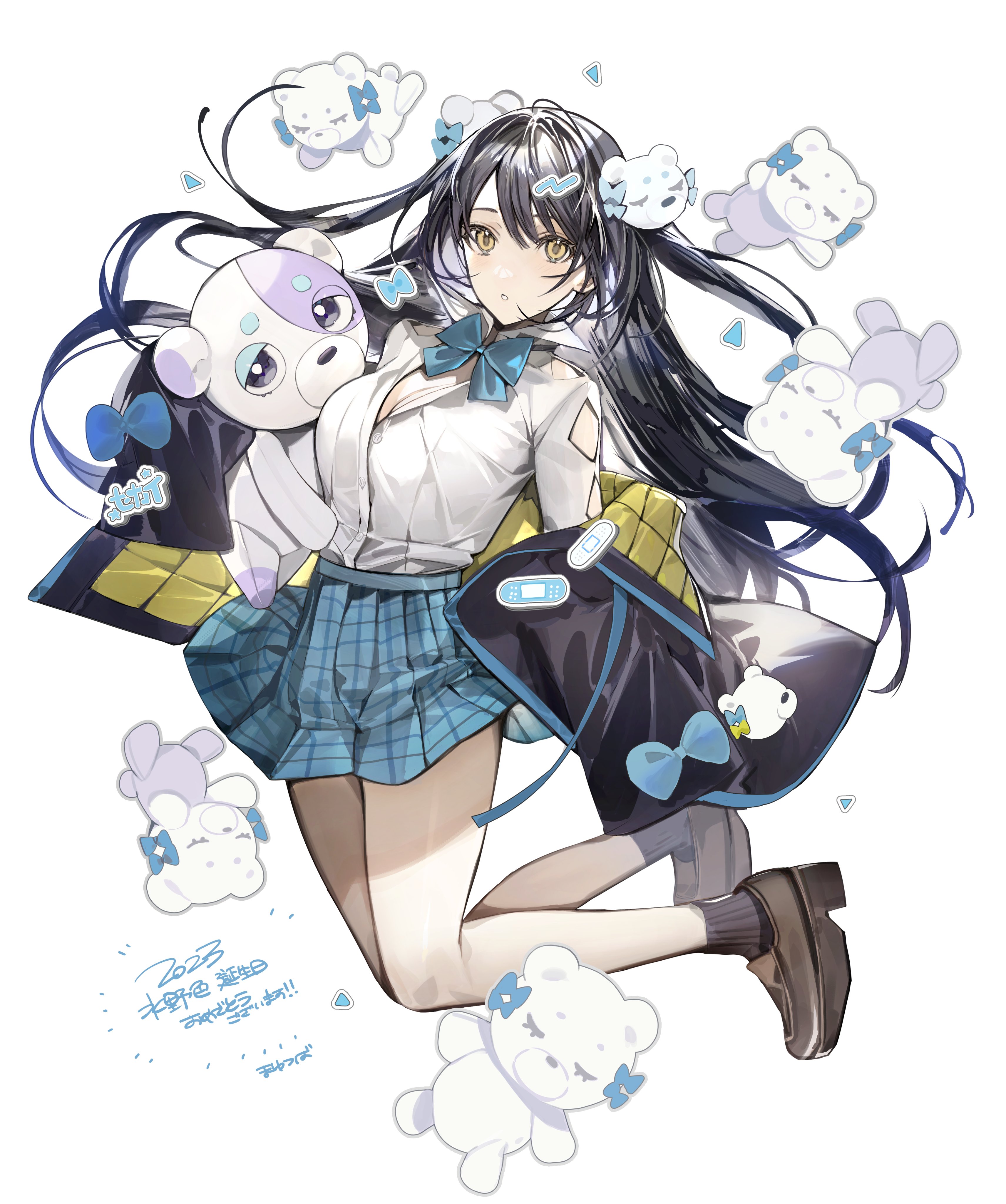 mayutsuba mono, original, absurdres, commentary, highres, symbol-only commentary, 1girl, black hair, black jacket, blue bow, blue bowtie, blue skirt, bow, bowtie, breasts, collared shirt, full body, jacket, jacket partially removed, jumping, large breasts, long hair, looking at viewer, parted lips, plaid clothes, plaid skirt, shirt, skirt, solo, stuffed animal, stuffed toy, teddy bear, thighs, white shirt, yellow eyes