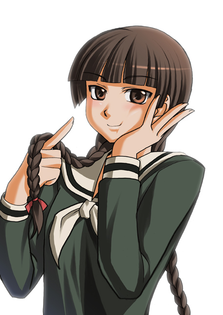 katwu (gensou ninja yashiki), shimazu yoshino, maria-sama ga miteru, 00s, 1girl, blunt bangs, braid, brown eyes, brown hair, female focus, hand on own face, school uniform, serafuku, smile, solo