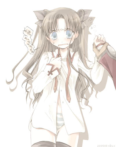 tohsaka rin, fate/stay night, fate (series), striped, 00s, 1girl, black thighhighs, blouse, blue panties, female focus, hair ribbon, necktie, pale color, panties, ribbon, shirt, solo, standing, thigh gap, thighhighs, thighs, two side up, underwear, undone necktie
