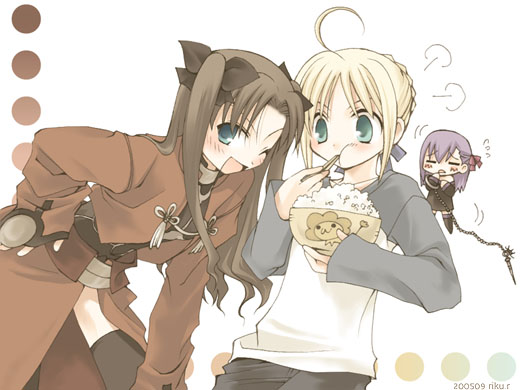 riku r, rikux, archer (fate), artoria pendragon (fate), emiya shirou, matou sakura, saber (fate), tohsaka rin, fate/stay night, fate (series), 3girls, archer (fate) (cosplay), blonde hair, chopsticks, cosplay, eating, emiya shirou (cosplay), multiple girls, raglan sleeves, thighhighs