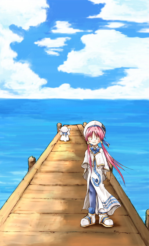 aria pokoteng, mizunashi akari, aria (manga), 00s, 1girl, blue pantyhose, blue sky, blush, cat, closed eyes, cloud, day, female focus, hair tubes, hat, high collar, long hair, pantyhose, pier, pink hair, short hair with long locks, sky, solo, water
