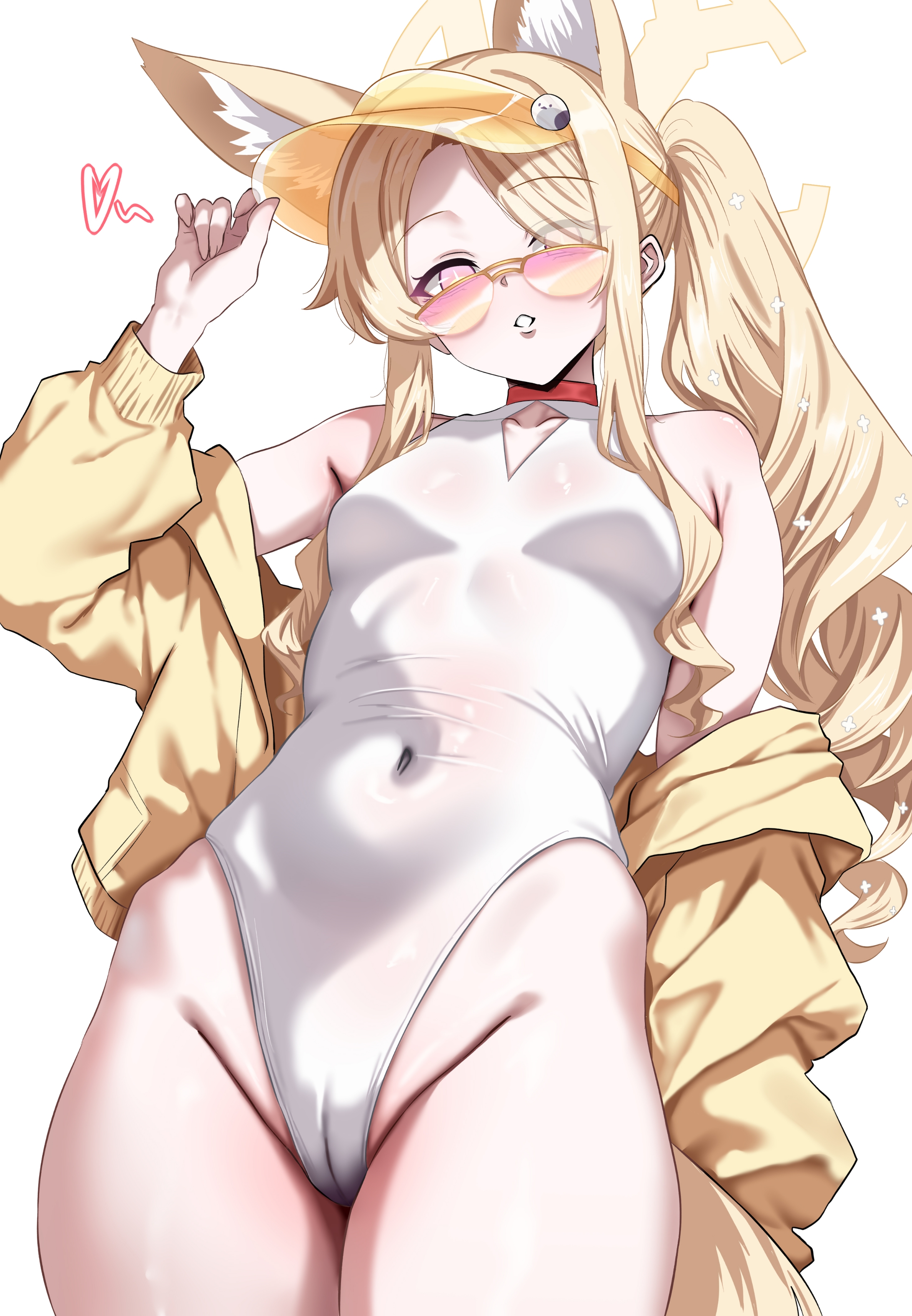 woo (woosan), seia (blue archive), seia (swimsuit) (blue archive), blue archive, absurdres, commentary request, highres, 1girl, above-cleavage cutout, animal ears, bare shoulders, blonde hair, breasts, casual one-piece swimsuit, clothing cutout, covered navel, cross halo, diamond cutout, eyes visible through hair, fox ears, fox girl, from below, gradient-tinted eyewear, groin, hair over one eye, halo, hand up, highleg, highleg one-piece swimsuit, jacket, long hair, looking at viewer, off shoulder, official alternate costume, official alternate hairstyle, one-piece swimsuit, open clothes, open jacket, side ponytail, simple background, small breasts, solo, sunglasses, swimsuit, thighs, tinted eyewear, visor cap, white background, white one-piece swimsuit, yellow halo, yellow jacket, yellow visor