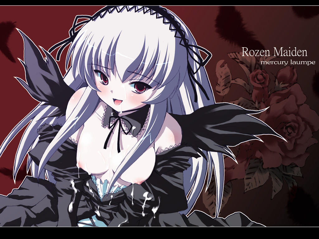 suigintou, rozen maiden, silver hair, 00s, 1girl, breasts, cum, cum on body, cum on breasts, cum on clothes, cum on upper body, female focus, gothic lolita, large breasts, lolita fashion, pale skin, pink eyes, solo, wings