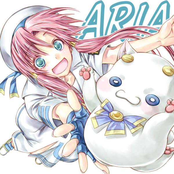 aria pokoteng, mizunashi akari, aria (manga), 00s, 1girl, animal, blouse, bow, cat, female focus, green eyes, hat, long hair, open mouth, pink hair, ribbon, shirt, short hair with long locks, smile, solo, twintails, white shirt