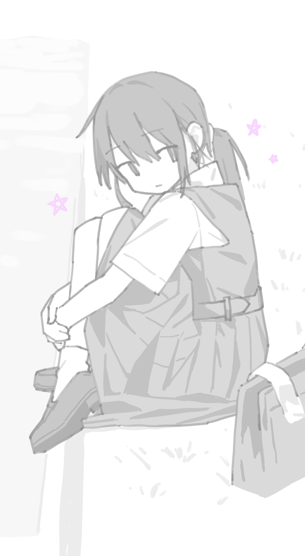 original, highres, 1girl, azmogu451, bag, from behind, kneehighs, loafers, long hair, monochrome, pleated skirt, school uniform, shoes, short sleeves, sitting, skirt, socks, solo, star (symbol), twintails