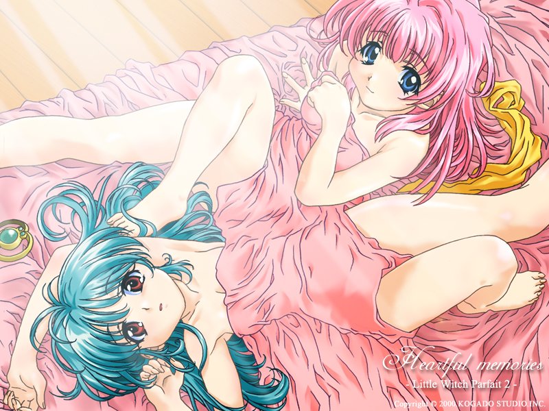 uon taraku, lutill el salre, parfait shucrell, parfait sucreal, little witch parfait, 2girls, aftersex, aqua hair, armpits, barefoot, bed, bed sheet, blue eyes, breasts, cleavage, covering privates, feet, jewelry, lying, multiple girls, nude, nude cover, on back, pink hair, red eyes, ribbon, small breasts, smile, yuri