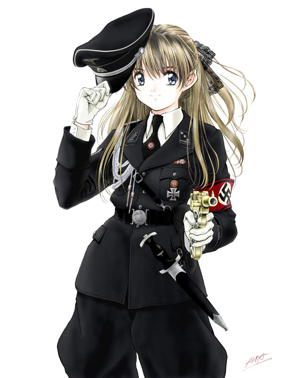 oofuji reiichirou, 1girl, armband, black hat, blonde hair, blue eyes, breast pocket, buttoned cuffs, buttons, cross, female focus, gun, hair ribbon, handgun, hat, holding, holding unworn clothes, holding unworn hat, iron cross, jacket, jodhpurs, knife, long hair, luger p08, military, military dress uniform, military jacket, military uniform, nazi, necktie, pants, peaked cap, pistol, pocket, red armband, ribbon, schutzstaffel, solo, swastika, unworn hat, unworn headwear, weapon, world war ii