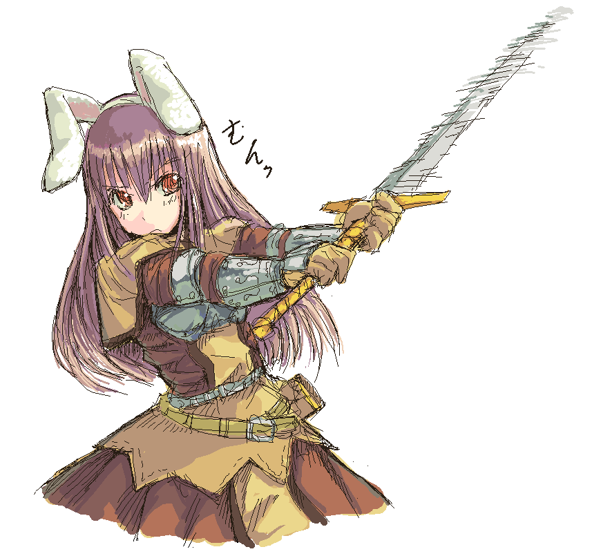 swordsman (ragnarok online), ragnarok online, artist request, 1girl, animal ears, armor, armored dress, brown dress, dress, female focus, holding, holding sword, holding weapon, long hair, motion lines, oekaki, purple hair, rabbit ears, scabbard, sheath, simple background, solo, sword, unsheathed, weapon, white background