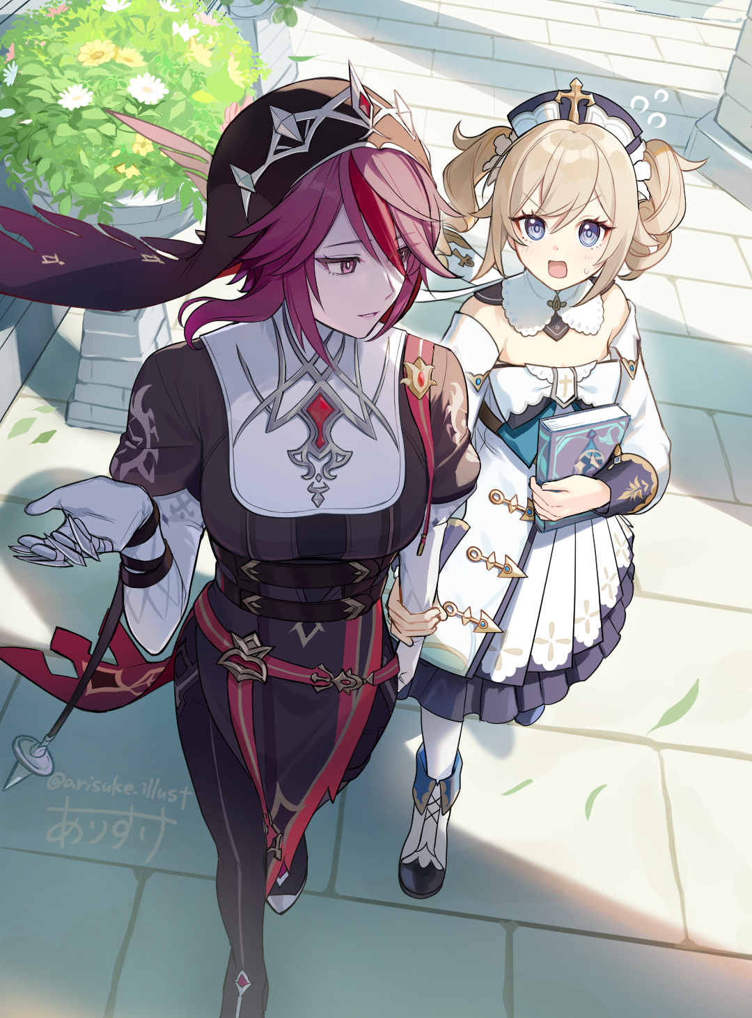 arisuke (natuyan), barbara (genshin impact), rosaria (genshin impact), rosaria (to the church's free spirit) (genshin impact), genshin impact, commentary request, highres, 2girls, artist name, black dress, black pantyhose, black veil, blonde hair, blue eyes, blush, book, boots, claw ring, cross, day, detached collar, detached sleeves, dress, drill hair, elbow gloves, eyelashes, flower, flying sweatdrops, fold-over boots, gloves, hair between eyes, hand up, hat, holding, holding book, long hair, long sleeves, looking at another, looking back, multicolored hair, multiple girls, nun, open mouth, outdoors, pantyhose, parted lips, pelvic curtain, plant, purple eyes, purple hair, red hair, short hair, sidelocks, signature, smile, standing, stone floor, strapless, strapless dress, streaked hair, sweatdrop, twin drills, twitter username, v-shaped eyebrows, veil, walking, white boots, white dress, white flower, white gloves, white hat, white pantyhose, white sleeves, yellow flower