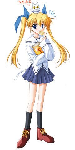 nanao naru, utamaru, yoshino sakura, da capo, da capo i, lowres, 00s, 1girl, animal, animal on head, blonde hair, blue eyes, blue skirt, bow, cat, cat on head, chips (food), collarbone, eating, female focus, food, hair bow, long sleeves, looking at viewer, on head, pleated skirt, potato chips, school uniform, shoelaces, simple background, skirt, solo, twintails, white background