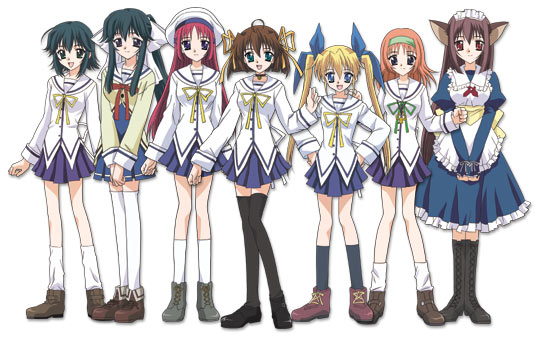 amakase miharu, asakura nemu, mizukoshi mako, mizukoshi moe, sagisawa yoriko, shirakawa kotori, yoshino sakura, da capo, da capo i, 00s, 6+girls, animal ears, apron, black hair, blonde hair, boots, bow, brown hair, cat ears, choker, everyone, hair bow, hairband, hat, maid, maid apron, maid headdress, multiple girls, red hair, ribbon, school uniform, thighhighs, zettai ryouiki