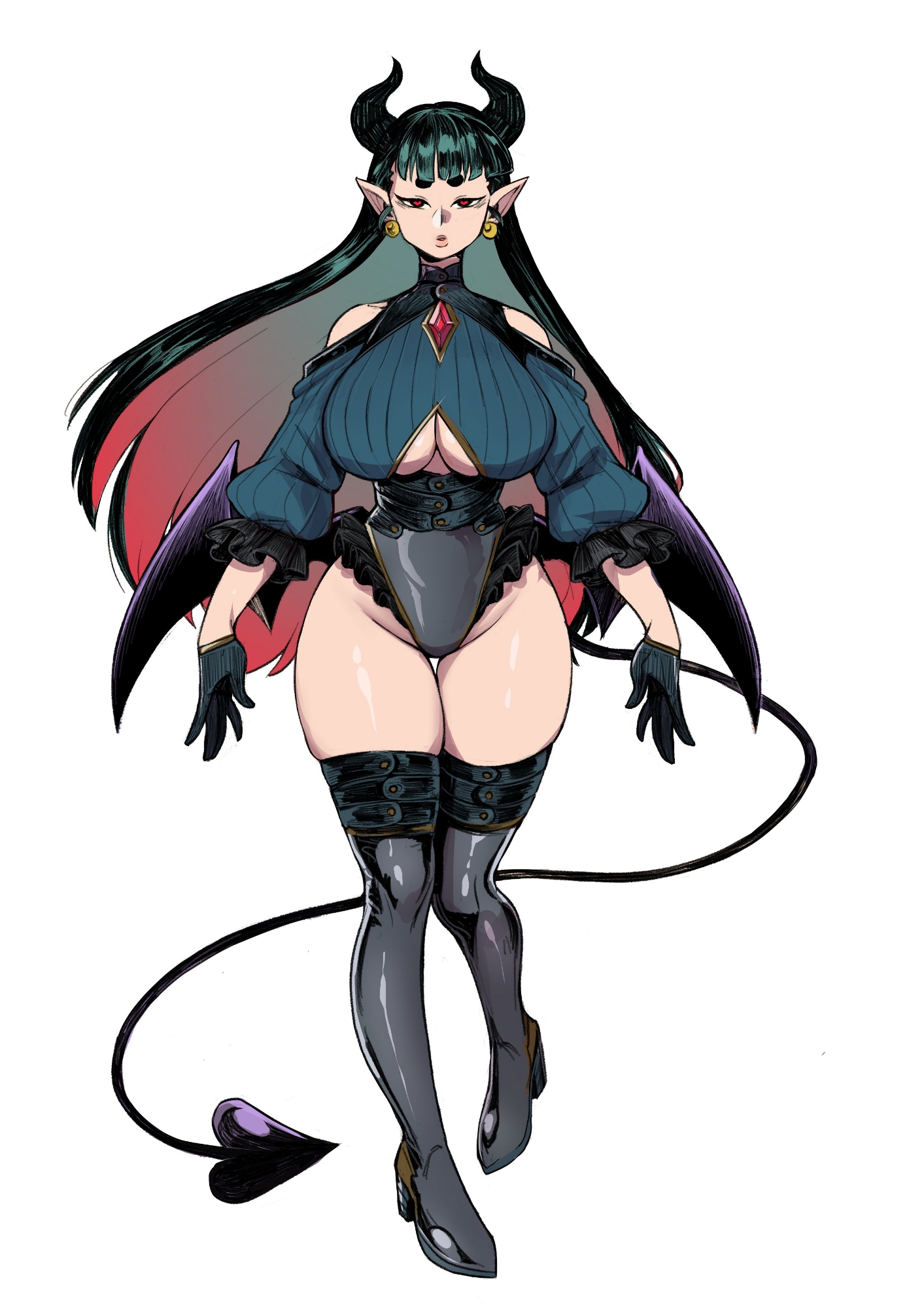insouwu, charlotte (insouwu), original, highres, 1girl, blue dress, boots, breasts, cleavage, cleavage cutout, clothing cutout, colored inner hair, corset, demon girl, demon horns, demon tail, dress, earrings, expressionless, gloves, green corset, green gloves, grey boots, grey leotard, groin, horns, jewelry, large breasts, leotard, long hair, multicolored hair, open mouth, platform boots, pointy ears, red eyes, red hair, shoulder cutout, simple background, skindentation, solo, sphere earrings, standing, standing on one leg, tail, thigh boots, white background