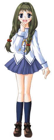 nanao naru, saitama nanako, da capo, da capo i, lowres, 00s, 1girl, blue eyes, blue skirt, blue socks, braid, brown hair, female focus, glasses, green hair, hand on own face, hand to own mouth, kneehighs, long hair, long sleeves, ribbon, school uniform, shirt, simple background, skirt, socks, solo, standing, twin braids, very long hair, white background, white shirt