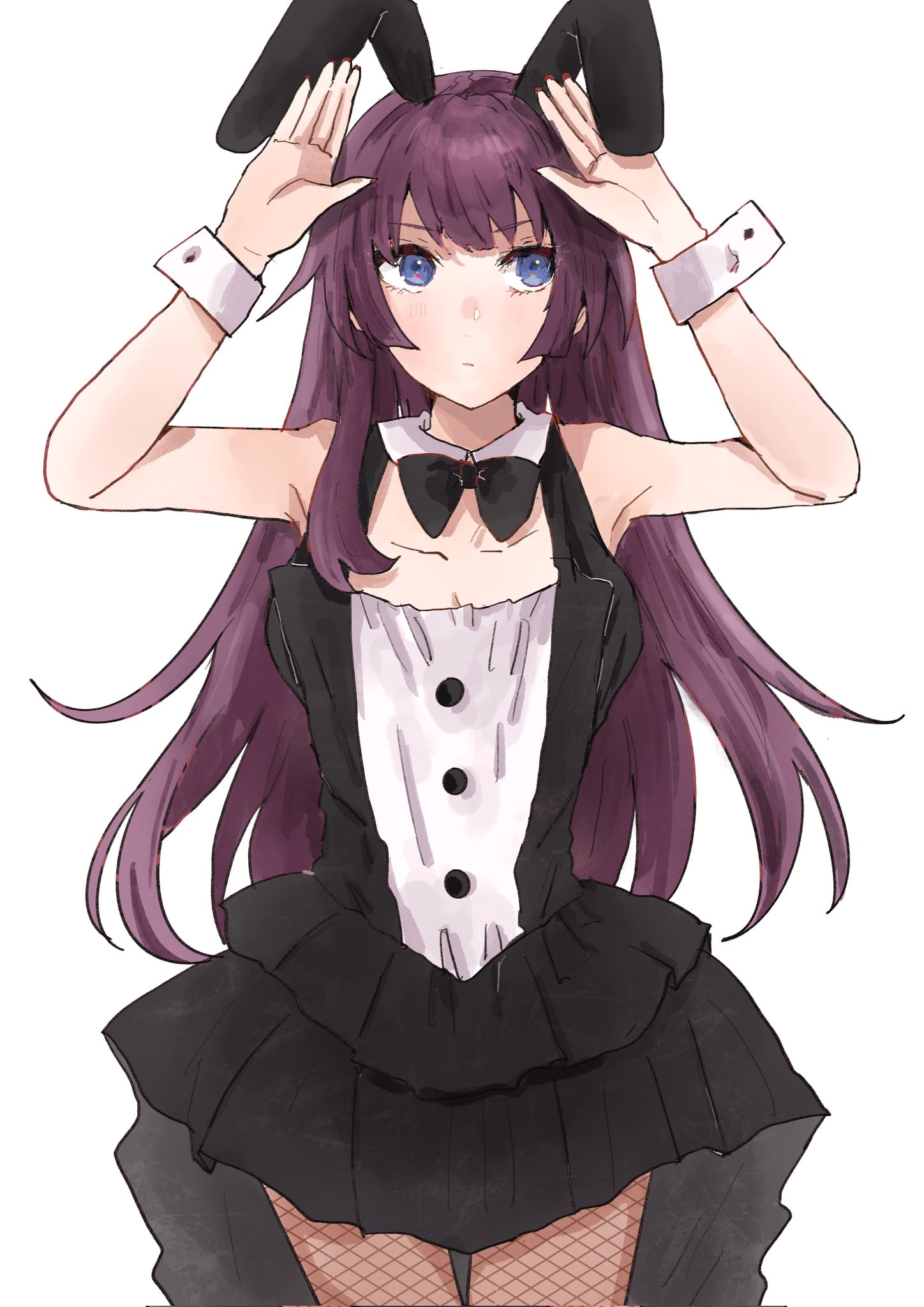 valhalla0707, senjougahara hitagi, monogatari (series), highres, 1girl, animal ears, armpits, arms up, bare shoulders, black bow, black bowtie, black dress, blue eyes, blush, bow, bowtie, breasts, cleavage, closed mouth, collarbone, cowboy shot, detached collar, dress, eyelashes, fake animal ears, fishnet pantyhose, fishnets, long hair, looking to the side, medium breasts, pantyhose, purple hair, rabbit ears, simple background, solo, very long hair, white background, white wrist cuffs, wrist cuffs