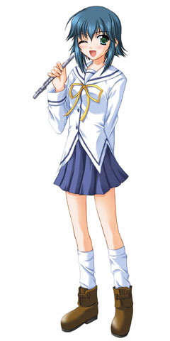 nanao naru, mizukoshi mako, da capo, da capo i, lowres, 00s, 1girl, blue eyes, blue hair, blue skirt, boots, female focus, flute, full body, instrument, matching hair/eyes, one eye closed, open mouth, pleated skirt, recorder, ribbon, sailor collar, school uniform, shirt, simple background, skirt, solo, standing, white background, white shirt