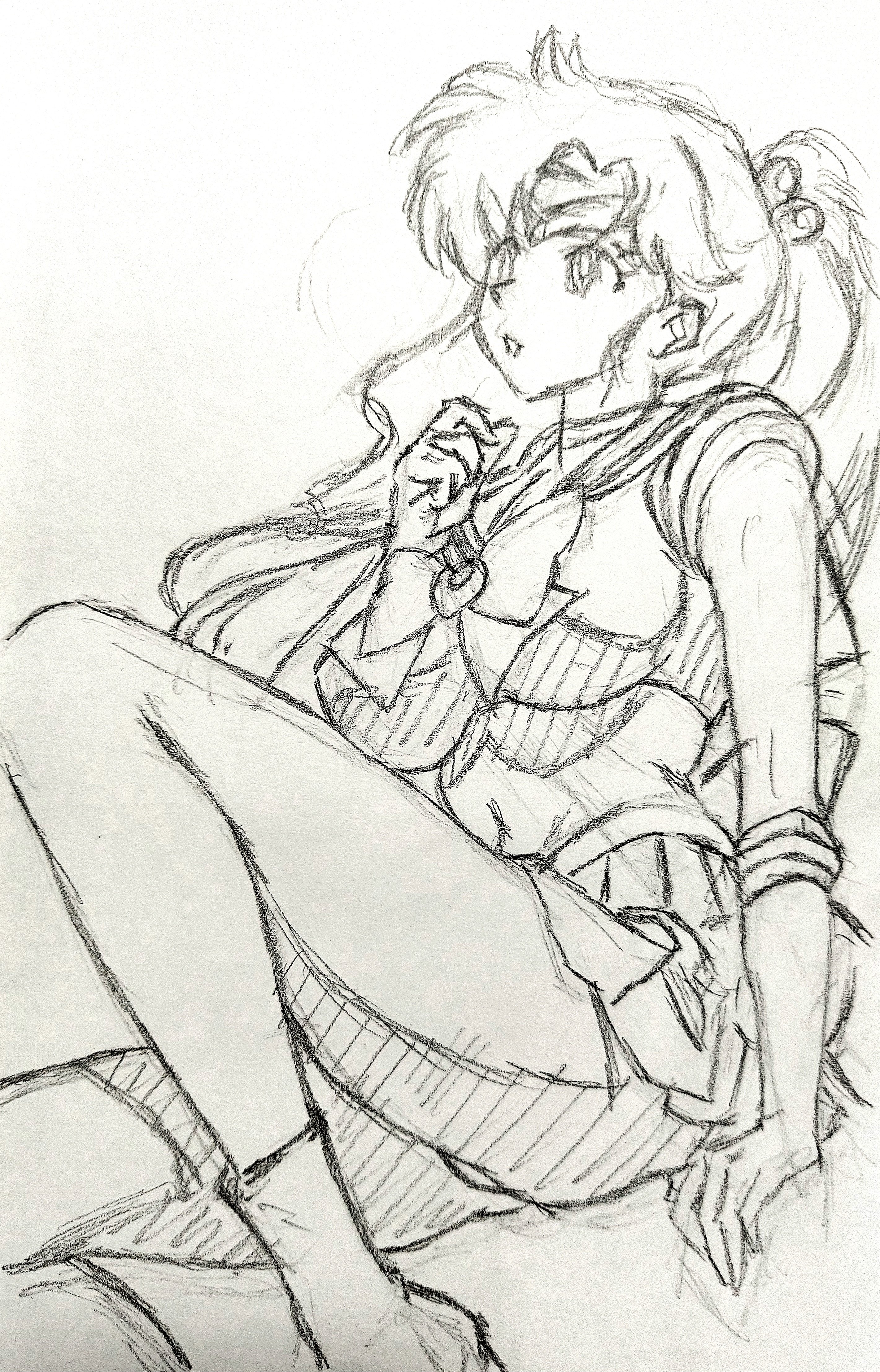 i4teruz, kino makoto, sailor jupiter, bishoujo senshi sailor moon, absurdres, highres, traditional media, 1girl, ass peek, boots, cameltoe, choker, covered navel, elbow gloves, gloves, hair bobbles, hair ornament, long hair, ponytail, sailor collar, sailor senshi uniform, sketch, solo, white gloves
