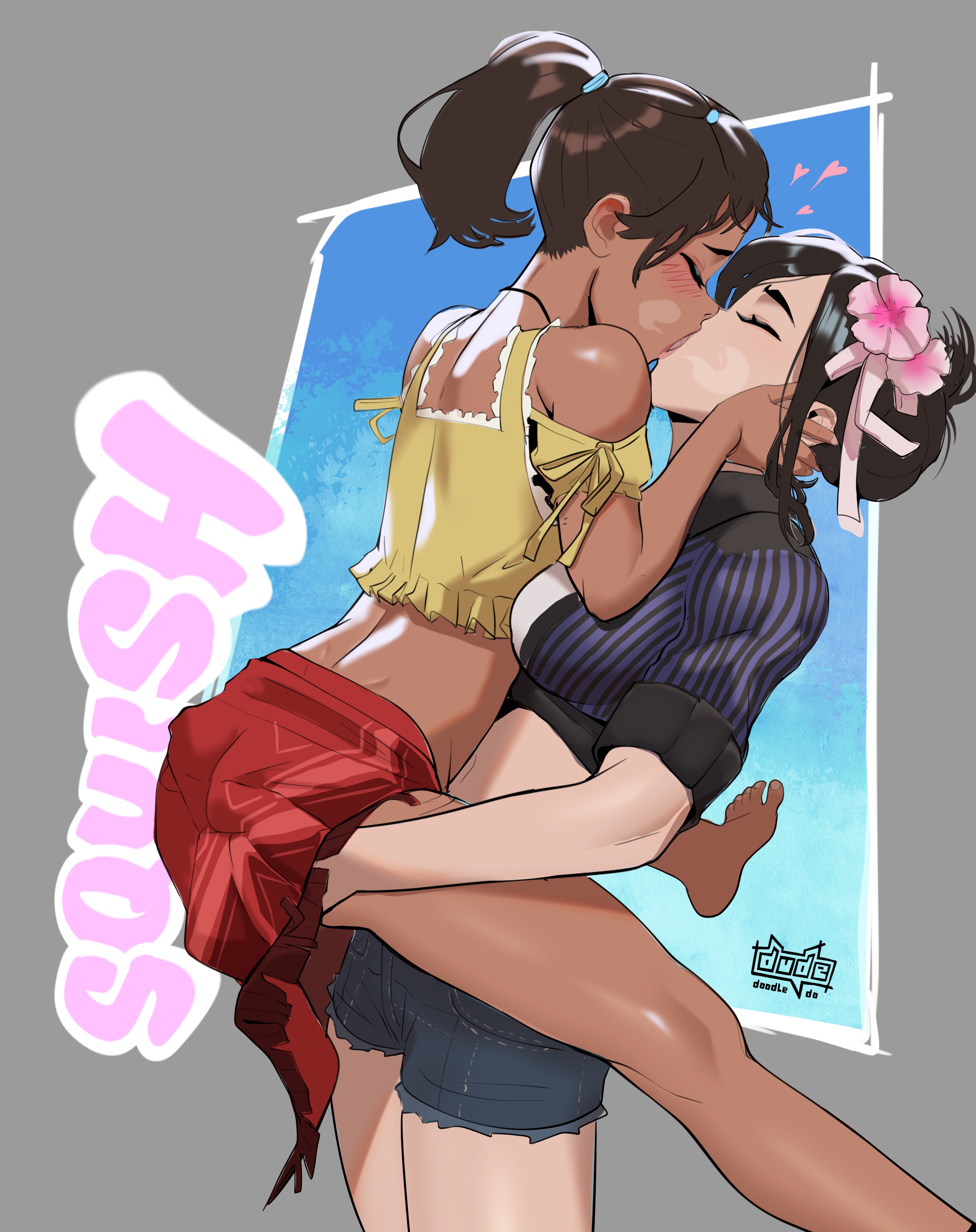 dude-doodle, priscilla (ff7), tifa lockhart, tifa lockhart (majestic glamour), final fantasy, final fantasy vii, final fantasy vii rebirth, final fantasy vii remake, absurdres, commission, commissioner upload, highres, pixiv commission, 2girls, age difference, artist name, bare shoulders, barefoot, blush, breasts, brown hair, carrying, closed eyes, dark-skinned female, dark skin, denim, denim shorts, flower, french kiss, grabbing another's ass, groping, hair bun, hair flower, hair ornament, hairband, hand on another's head, heart, jewelry, kiss, large breasts, long hair, midriff, multiple girls, necklace, ponytail, sarong, short hair, shorts, sound effects, swimsuit, tank top, yuri