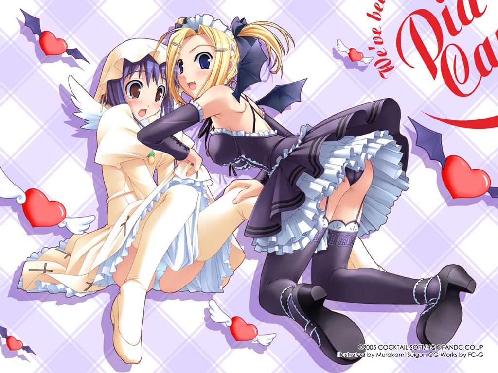 murakami suigun, horiuchi sana, yaegashi kanae, pia carrot e youkoso!!, black legwear, pantyshot (sitting), wallpaper, white legwear, 2girls, angel wings, bat wings, black dress, black panties, blonde hair, blue eyes, blue hair, bow, detached sleeves, dress, frills, garter belt, hair bow, heart, kneeling, lingerie, maid, multiple girls, panties, pantyshot, petticoat, shoes, short hair, short twintails, sitting, skirt, skirt lift, thighhighs, twintails, underwear, waitress, white dress, white panties, wings