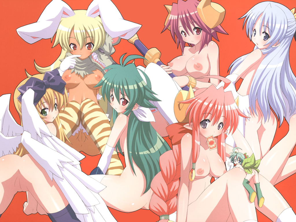 shishimaru ken'ya, aruma (shinrabanshou), claudia (shinrabanhou), claudia (shinrabanshou), konoha (shinrabanshou), natajya, natajya (shinrabanshou), pink bloom miyabi, polaris (shinrabanshou), seiranken shion (shinrabanshou), shion (shinrabanshou), shinrabanshou, 6+girls, animal ears, ass, blonde hair, blue eyes, braid, breasts, brown eyes, dark-skinned female, dark skin, demon girl, everyone, fairy, green eyes, green hair, half updo, horns, large breasts, long hair, mini person, minigirl, mouth hold, multiple girls, nipples, nude, pink hair, pointy ears, pussy, rabbit ears, red eyes, red hair, ribbon, short hair, take your pick, thighhighs, uncensored, white hair, wings
