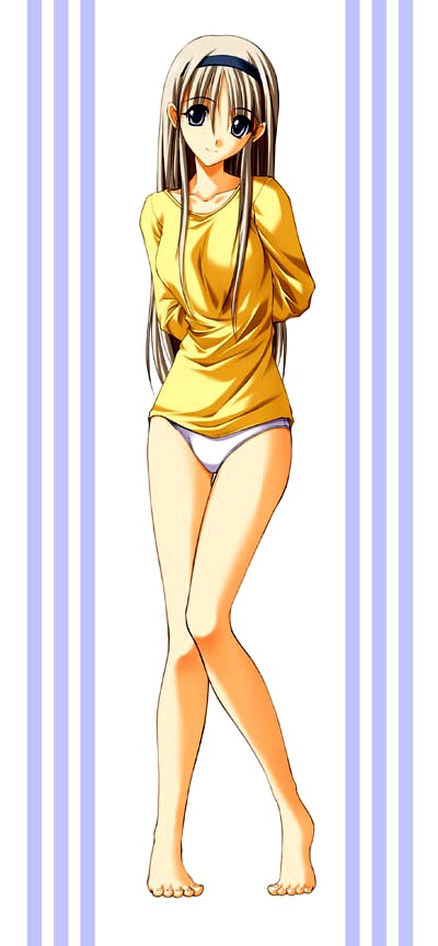 long image, tall image, arms behind back, blue eyes, brown hair, hairband, long hair, long sleeves, no pants, panties, shirt, standing, thigh gap, thighs, underwear, white panties