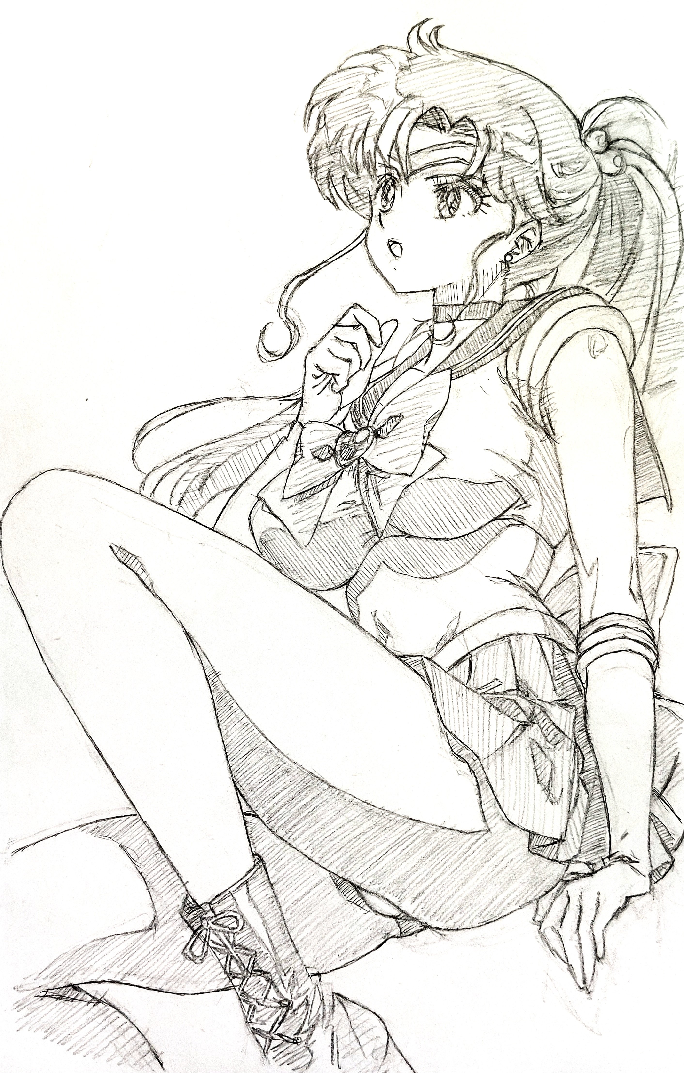 i4teruz, kino makoto, sailor jupiter, bishoujo senshi sailor moon, absurdres, highres, 1girl, ass peek, back bow, boots, bow, breasts, cameltoe, choker, covered navel, elbow gloves, gloves, hair bobbles, hair ornament, large breasts, long hair, looking up, miniskirt, monochrome, ponytail, sailor collar, sailor senshi uniform, skirt, solo, white gloves