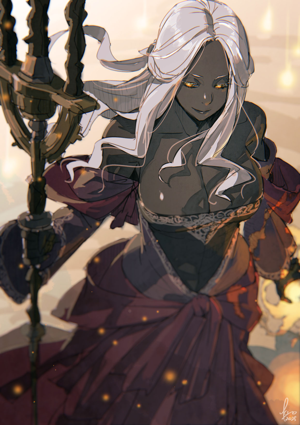 kyo (kuroichigo), recluse (elden ring), elden ring, elden ring nightreign, highres, 1girl, bare shoulders, black skin, breasts, cleavage, colored eyelashes, colored skin, cowboy shot, dark skin, fire, from above, large breasts, long hair, magic, polearm, solo, trident, very dark skin, weapon, white eyelashes, white hair, witch, yellow eyes