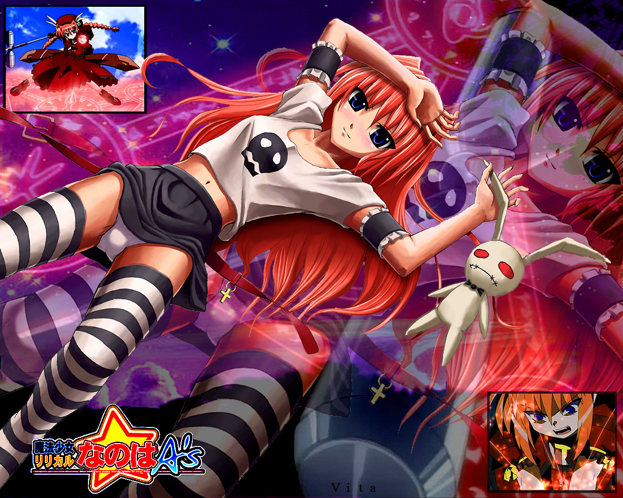 vita (nanoha), lyrical nanoha, mahou shoujo lyrical nanoha, mahou shoujo lyrical nanoha a's, 00s, 1girl, arm garter, black & white, blue eyes, blush, female focus, lying, on back, orange hair, panties, pantyshot, patterned legwear, red hair, shirt, skirt, solo, striped clothes, striped thighhighs, thighhighs, two-tone stripes, underwear, upskirt, white panties, zoom layer