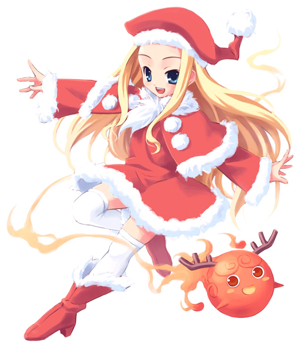 belfraw martini, summon night, summon night 3, 1girl, antlers, blonde hair, blue eyes, boots, christmas, female focus, hat, high heels, horns, leg lift, long hair, looking at viewer, open mouth, santa costume, santa hat, shoes, simple background, solo, thighhighs, very long hair, white background, white thighhighs, zettai ryouiki
