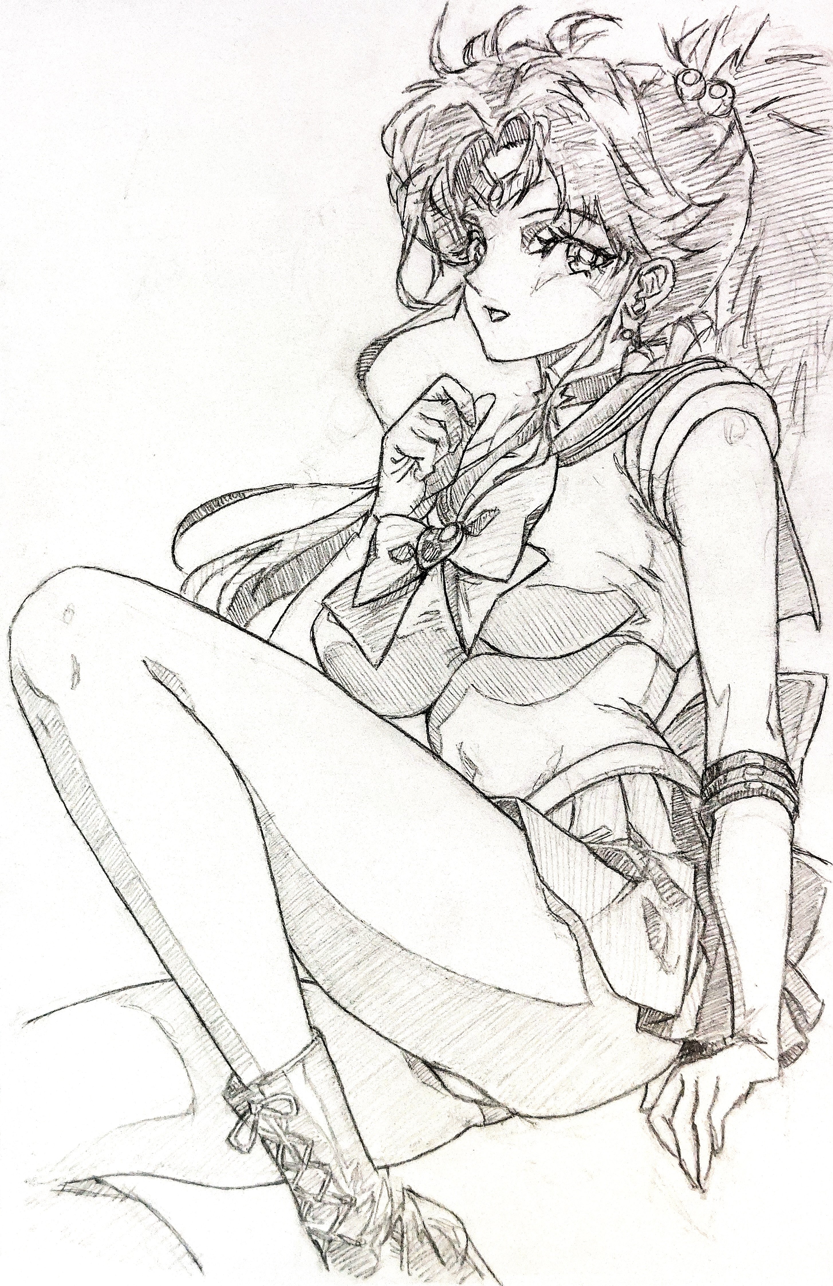 i4teruz, kino makoto, sailor jupiter, bishoujo senshi sailor moon, absurdres, highres, 1girl, ass peek, back bow, boots, bow, breasts, cameltoe, choker, covered navel, elbow gloves, gloves, hair bobbles, hair ornament, large breasts, long hair, looking at viewer, lying, miniskirt, monochrome, on bed, ponytail, sailor collar, sailor senshi uniform, skirt, smile, solo, white gloves
