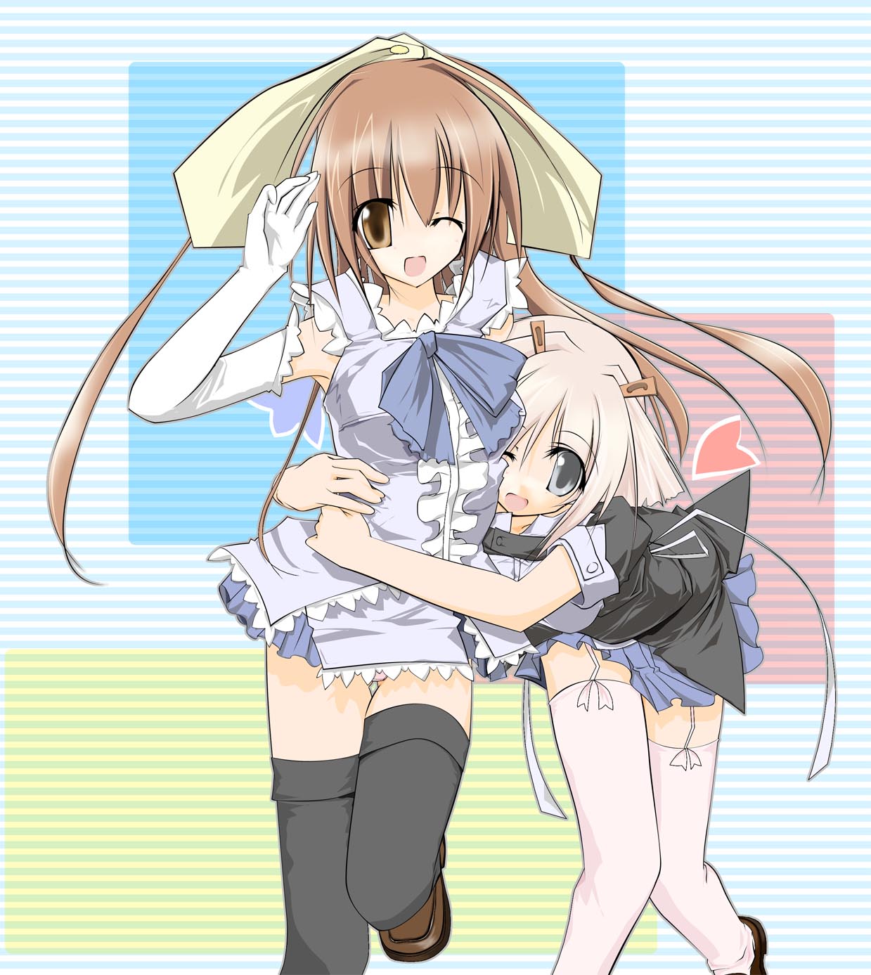 original, pink legwear, highres, 2girls, black thighhighs, brown eyes, brown hair, elbow gloves, gloves, hug, multiple girls, one eye closed, striped background, thighhighs, zettai ryouiki