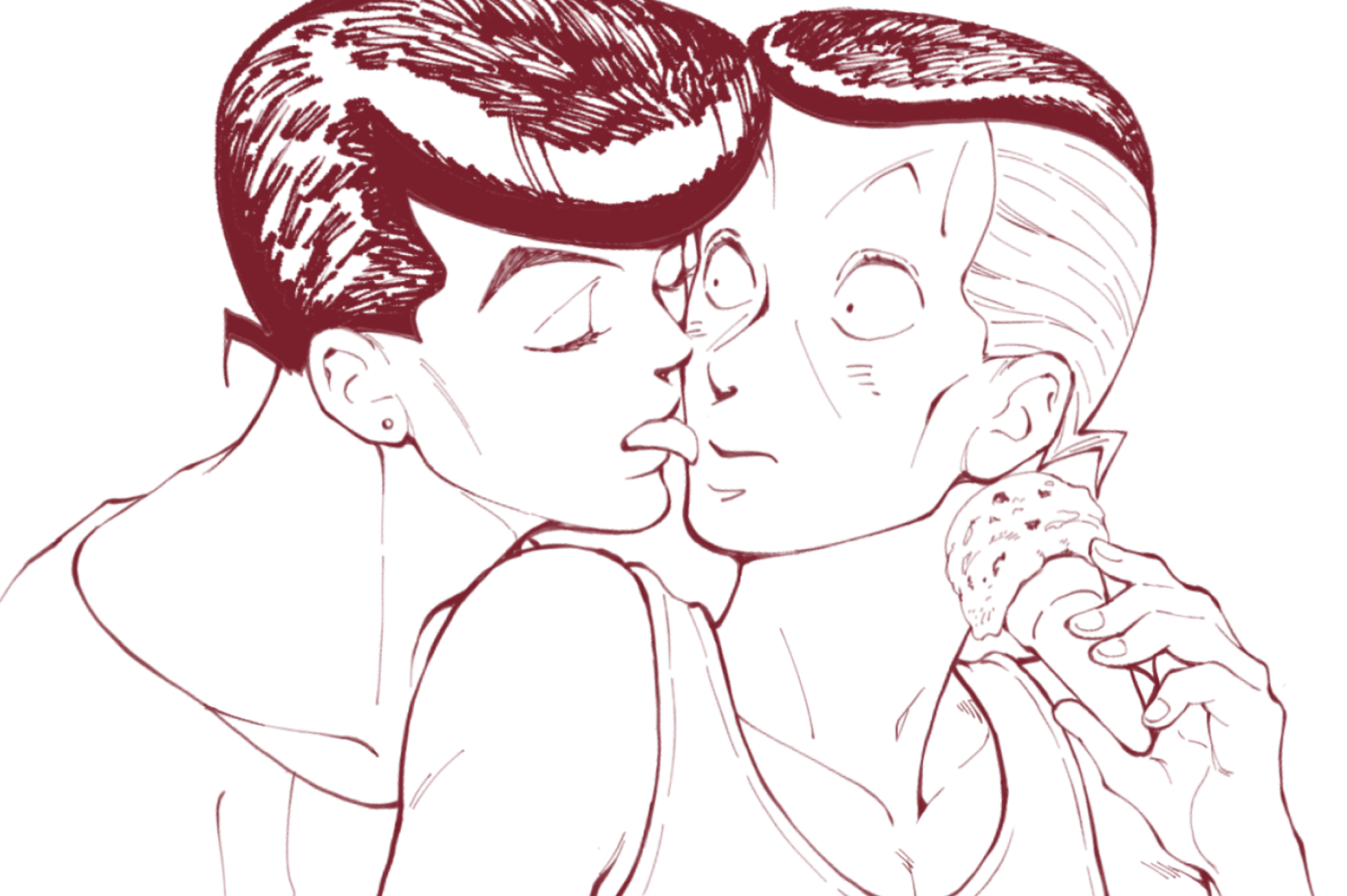 higashikata josuke, nijimura okuyasu, diamond wa kudakenai, jojo no kimyou na bouken, absurdres, commentary request, highres, 2boys, closed eyes, collarbone, constricted pupils, earrings, haramiyamai, holding, holding ice cream cone, ice cream cone, jewelry, licking, licking another's face, light blush, lineart, looking at another, male focus, multiple boys, pompadour, raised eyebrows, short hair, simple background, tank top, tongue, tongue out, white background, yaoi
