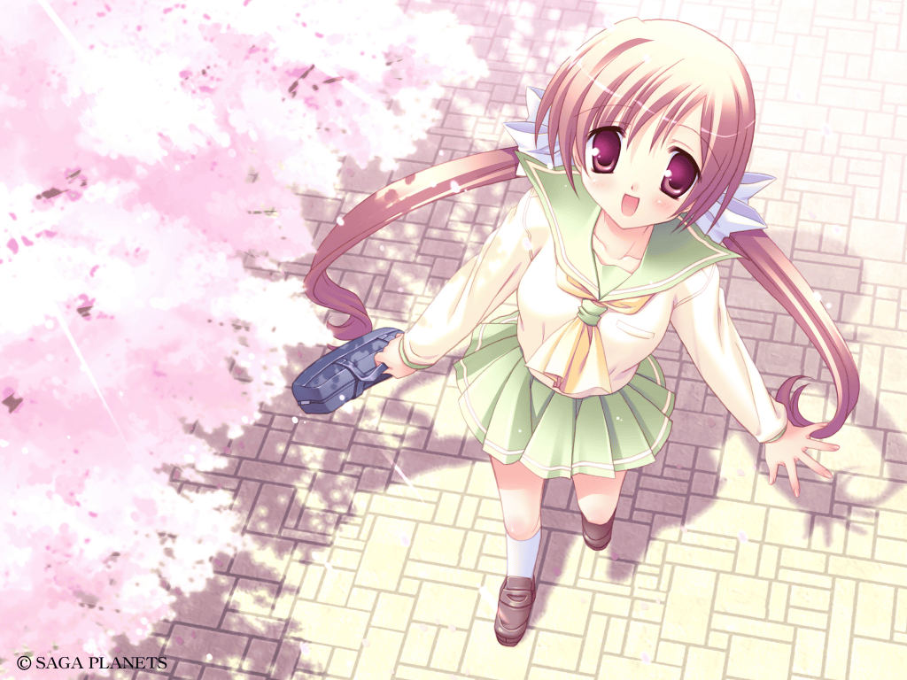 moribe (rabumanyo), character request, game cg, source request, 1girl, bag, blonde hair, brown hair, brown shoes, cherry blossoms, copyright notice, day, female focus, from above, holding, holding bag, long hair, looking at viewer, looking up, outdoors, pink eyes, pleated skirt, purple eyes, ribbon, school uniform, serafuku, shoes, skirt, solo, standing, tree, twintails, very long hair