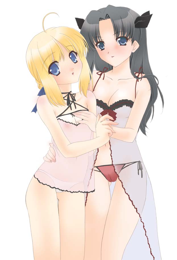 artoria pendragon (fate), saber (fate), tohsaka rin, fate/stay night, fate (series), type-moon, 00s, 2girls, :d, :o, age difference, ahoge, alternate costume, bare arms, bare legs, bare shoulders, black ribbon, blonde hair, blue eyes, blue ribbon, blush, breasts, camisole, choker, cleavage, collarbone, couple, female focus, grey hair, hair ribbon, hug, iblack ribbon, legs, lingerie, loli, long hair, looking at viewer, medium breasts, multiple girls, navel, neck, nightgown, nipples, onee-loli, open mouth, panties, parted lips, red panties, ribbon, ribbon choker, see-through clothes, short hair, simple background, small breasts, smile, standing, two side up, underwear, white background, white panties, yuri